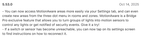 Las notas de la versión 5.53 de la aplicación Philips Hue. (Fuente de la imagen: Philips Hue)