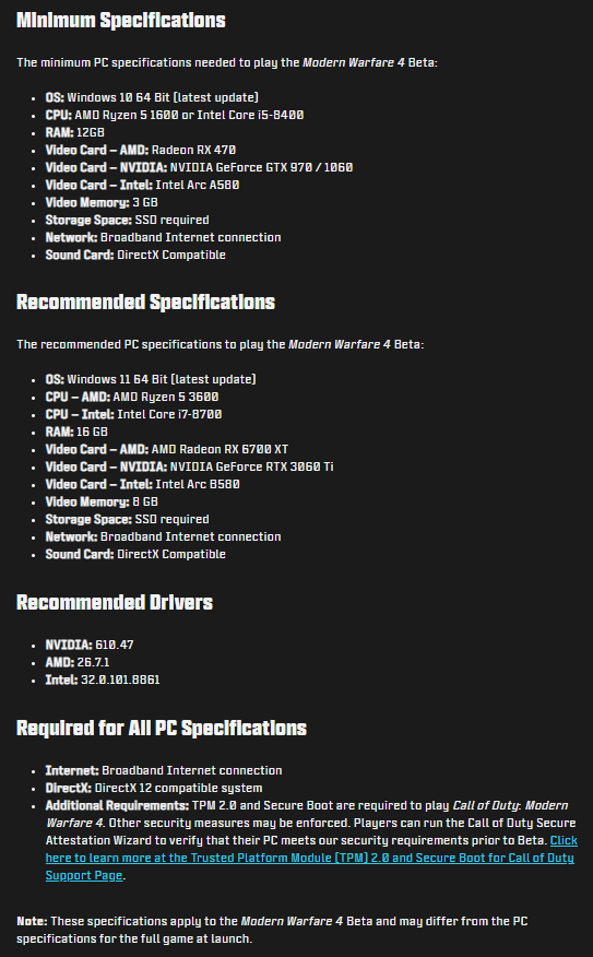 Una captura de pantalla de los requisitos de hardware y software para Call of Duty: Modern Warfare 4, tal y como los ha publicado Activision
