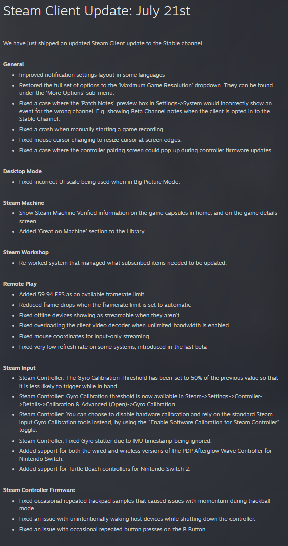 Las notas oficiales de la actualización de Steam.