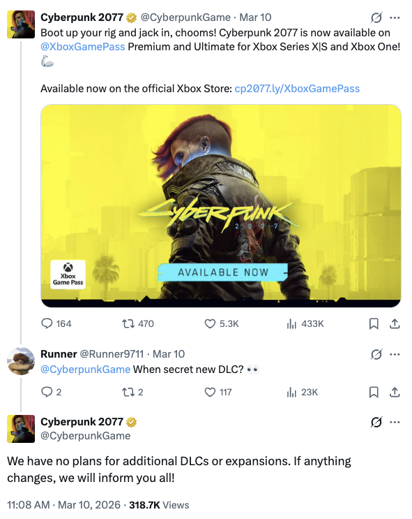 Respuesta de CD Projekt RED a un comentarista que preguntaba por el nuevo DLC.