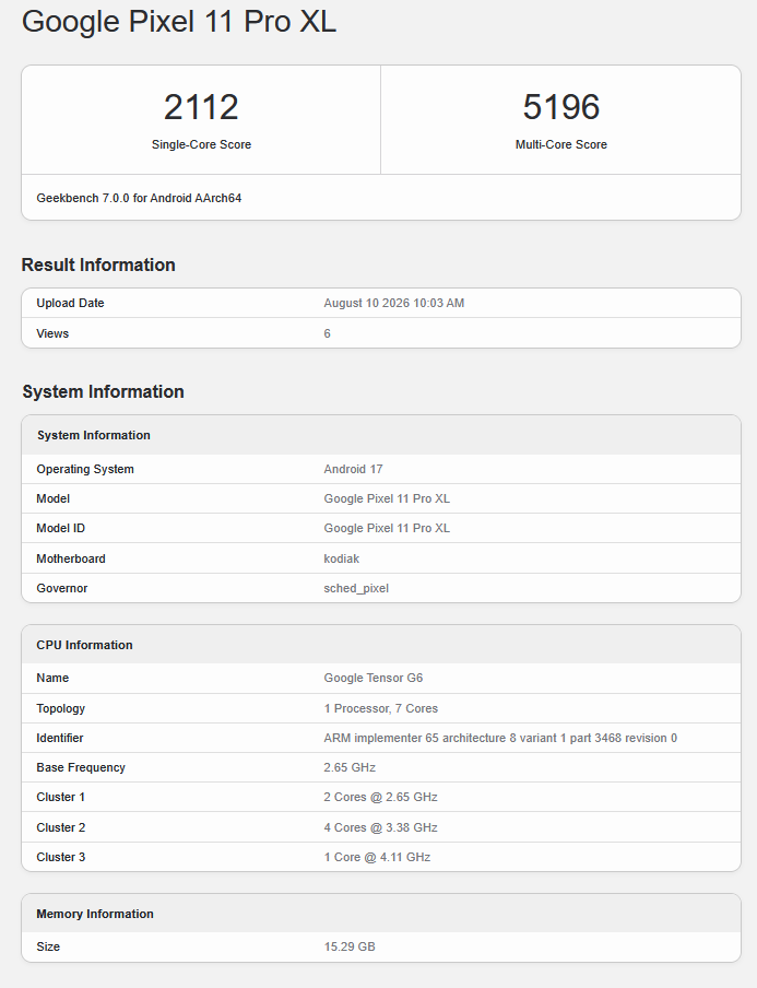 Ficha de Google Tensor G6 en Geekbench