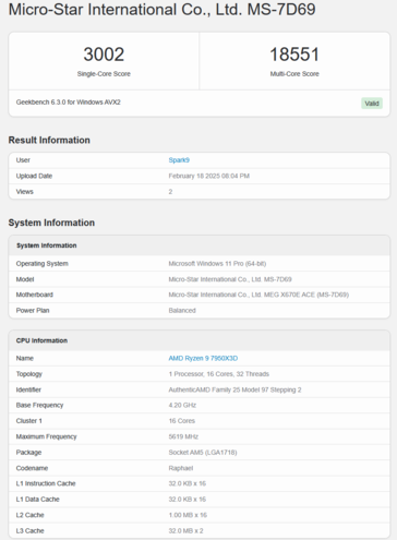 Ryzen 9 7950X3D Geekbench (fuente de la imagen: Geekbench)