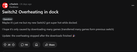 Switch 2 dock overheating Reddit post (Fuente de la imagen: captura de pantalla, Switch subreddit)