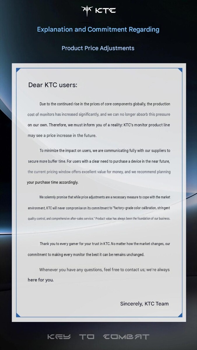 La imagen muestra el comunicado público de KTC en el que anuncia que introducirá ajustes de precios en sus productos en un futuro próximo.