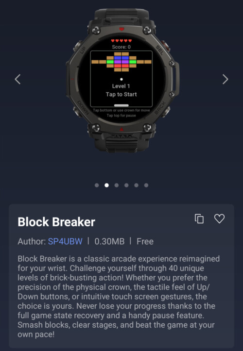 La miniapp Block Breaker para smartwatches Amazfit