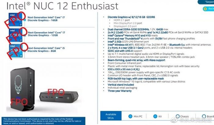 Especificaciones rumoreadas del Intel NUC 12 Enthusiast. (Fuente de la imagen: FanlessTech)