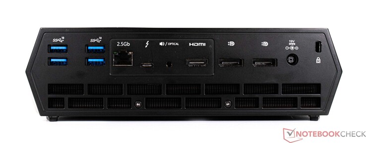 Parte trasera: 4x USB Tipo-A, LAN 2,5G, 1x USB Tipo-C, Toslink, HDMI (4K60), 2x DisplayPort 1.4, conexión de alimentación, bloqueo Kensington