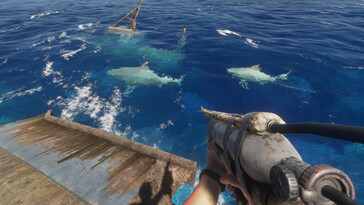 Una imagen que muestra tiburones en Stranded Deep.