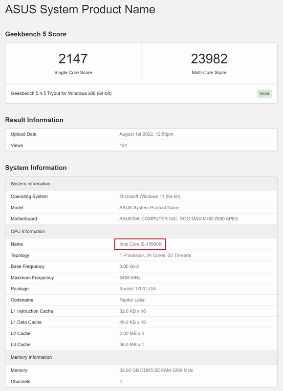 Intel Core i9-13900K. (Fuente de la imagen: Geekbench)