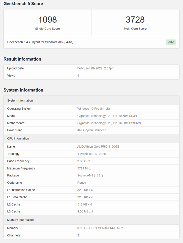 AMD Athlon Gold PRO 4150GE en Geekbench (imagen vía Geekbench)