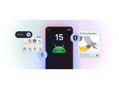 Imagen promocional de Android 15 de Google que muestra algunas de sus características clave sobre un fondo degradado. (Fuente de la imagen: Google)