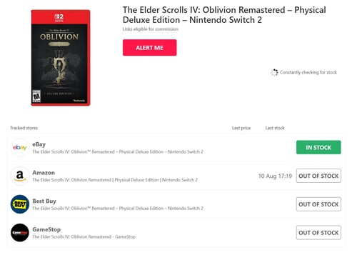 Rastreador de HotStock para la versión para Switch 2 de Oblivion Remastered