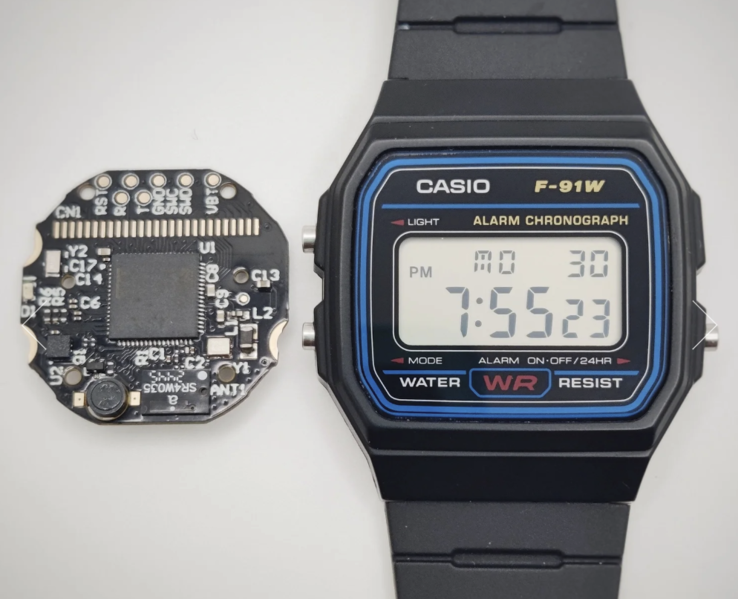 El PCB Ollee junto al Casio F-91W. (Fuente de la imagen: OlleeWatch)