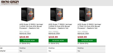 Precios actuales de las CPUs Zen 3 AMD Ryzen en Micro Center. (Fuente: Micro Center)