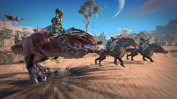 Una imagen en la que aparecen amazonas y dinosaurios en Age of Wonders: Planetfall.