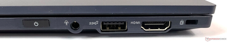 Conexiones a la derecha: 1 clavija de 3,5 mm (entrada de micrófono/salida de audio combinada), 1 USB 3.2 Gen-2 (10GBit/s), 1 HDMI 2.0b, 1 Kensington