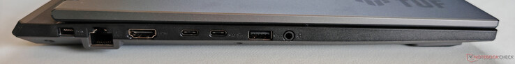 Izquierda: Fuente de alimentación, Gigabit Ethernet, HDMI 2.1 FRL, USB-C 3.2 Gen2 (10 Gbps, salida DisplayPort 2.1), USB-C 3.2 Gen.2 (10 Gbps, salida DisplayPort 2.1, G-Sync, Power Delivery 3.0), USB-A 3.2 Gen2 (10 Gbps), toma de audio de 3,5 mm