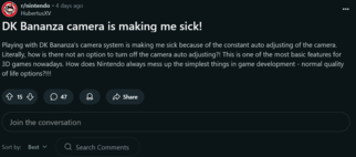 Reddit post #2 on Donkey Kong Bananza motion sickness (Fuente de la imagen: captura de pantalla, Nintendo subreddit)