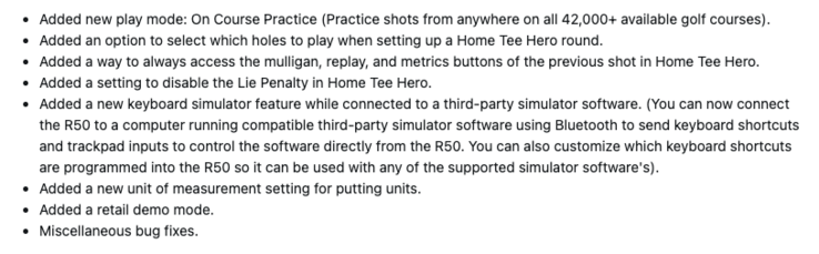 El registro de cambios del software de sistema 8.40 para el Garmin Approach R50. (Fuente de la imagen: captura de pantalla del foro de Garmin)