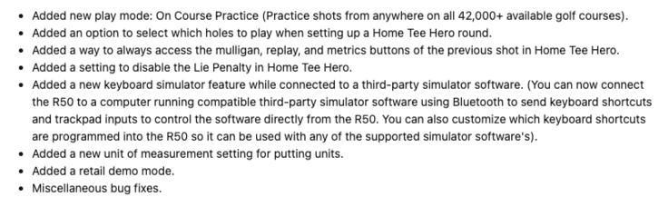 El registro de cambios del software de sistema 8.40 para el Garmin Approach R50. (Fuente de la imagen: captura de pantalla del foro de Garmin)