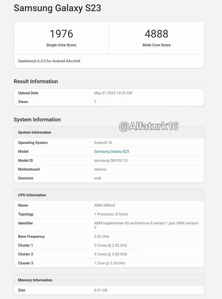 Un "Galaxy S23" parece correr Android 16 en Geekbench. (Fuente: Geekbench vía @Alfaturk16 en X)