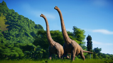 Una imagen que muestra dos Brachiosaurus en Jurassic World Evolution.