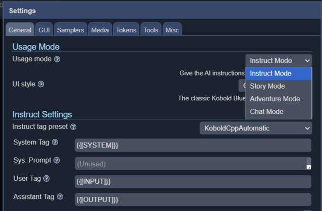 La instrucción se utiliza para dar instrucciones al LLM, el chat es similar a un chatbot, la historia es buena para la escritura de estilo novela y la aventura es mejor para la ficción interactiva de estilo RPG.