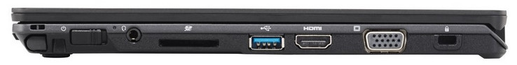 Lado derecho: ranura del lápiz táctil, botón de encendido, audio combinado, lector de tarjetas SD, 1x USB 3.0, HDMI, VGA, Kensington Lock