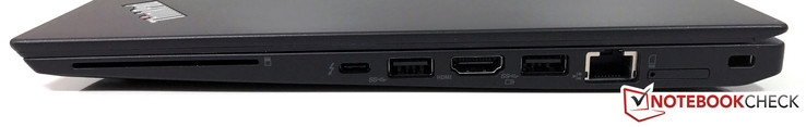 Derecha: lector SmartCard, USB-C Gen.2 (TB 3), USB 3.0, HDMI 1.4b, USB 3.0 (siempre activo), Gigabit-Ethernet, ranura SIM, bloqueo Kensington