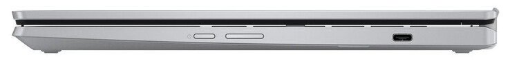 Lado derecho: Botón de encendido, control de volumen, USB 3.2 Gen 1 (USB-C; Power Delivery, DisplayPort)