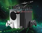 Logotipo de Final Fantasy 7 Rebirth sobre las consolas Xbox y almacenamiento