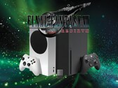 Logotipo de Final Fantasy 7 Rebirth sobre las consolas Xbox y almacenamiento