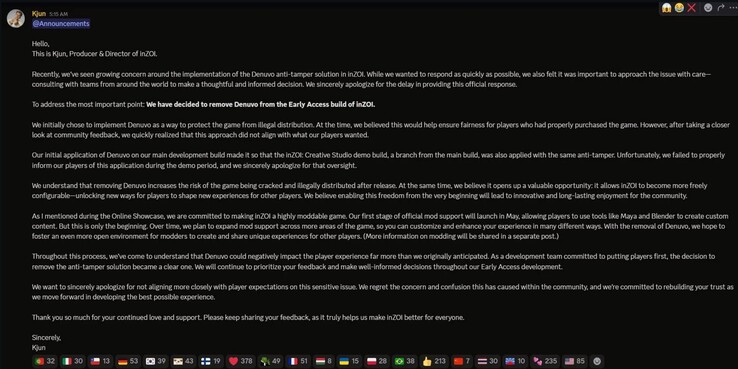 Anuncio de retirada de InZOI Denuvo (Fuente de la imagen: captura de pantalla, discord de InZOI)