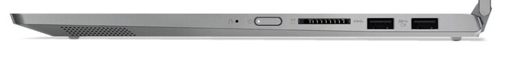 Lado derecho: botón de encendido, lector de tarjetas de memoria (SD), 2x USB 3.2 Gen 1 (Tipo A)