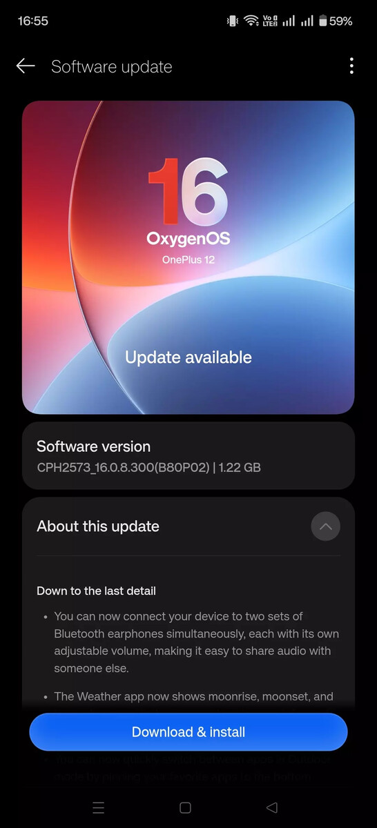 Pantalla de actualización de software del OnePlus 12 en la que se muestra la actualización a OxygenOS 16.0.8.300, en la que se destacan la nueva compatibilidad con audio Bluetooth dual y otras funciones añadidas.
