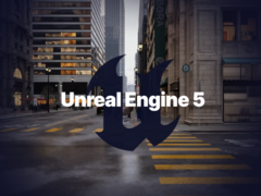 El logotipo de Unreal Engine 5 con un entorno renderizado de fondo (fuente de la imagen: Epic)