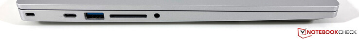 Izquierda: bloqueo Kensington, USB-C 3.2 gen. 2 (10 Gb/s, DisplayPort modo ALT 1.4, Power Delivery), USB-A 3.2 gen. (5 Gb/s), lector de tarjetas, audio de 3,5 mm