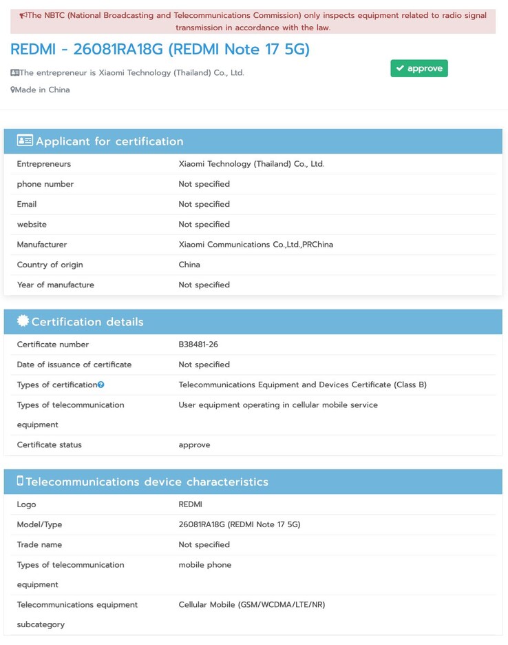 Certificación de la NBTC del Redmi Note 17 Pro Max.