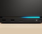 Vista frontal de la Steam Machine de Valve con dos puertos USB, un puerto USB-C, un LED de encendido, un botón de encendido redondo y una tira de LED azul. (Fuente de la imagen: Valve)