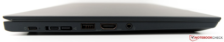 Lado izquierdo: 2x USB Type-C 3.1 (Gen.2 con puerto de pantalla), Mini-Ethernet/Docking, USB Type-A 3.1 (Gen.2), HDMI 2.0, toma estéreo de 3.5 mm