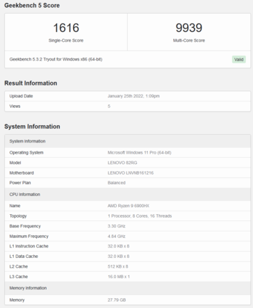 AMD Ryzen 9 6900HX en Geekbench (imagen vía Geekbench)