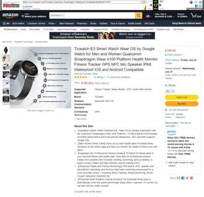 Mobvoi describió el TicWatch E3 con el Wear 4100 en julio. (Fuente de la imagen: Web Archive &amp; Amazon)