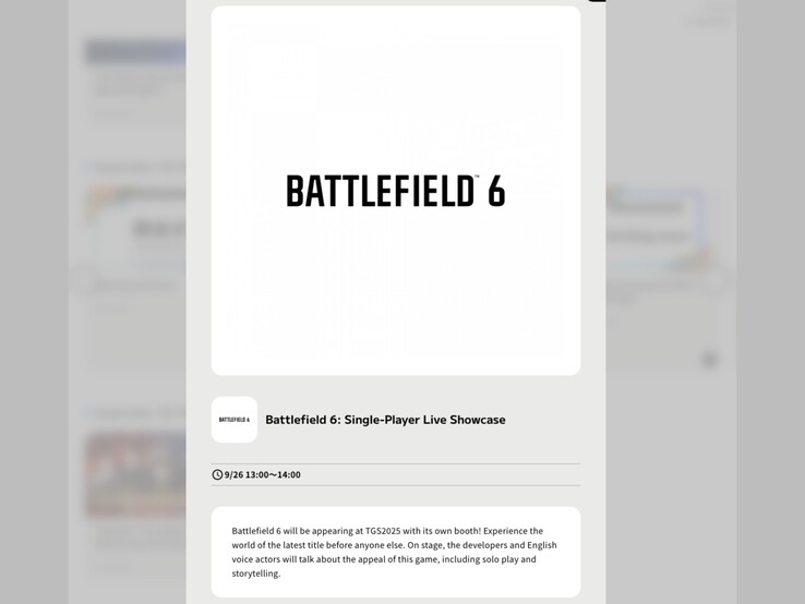 Captura de pantalla traducida a máquina del escaparate oficial de Battlefield 6 en el Tokyo Game Show. (Fuente de la imagen: programas TGS)