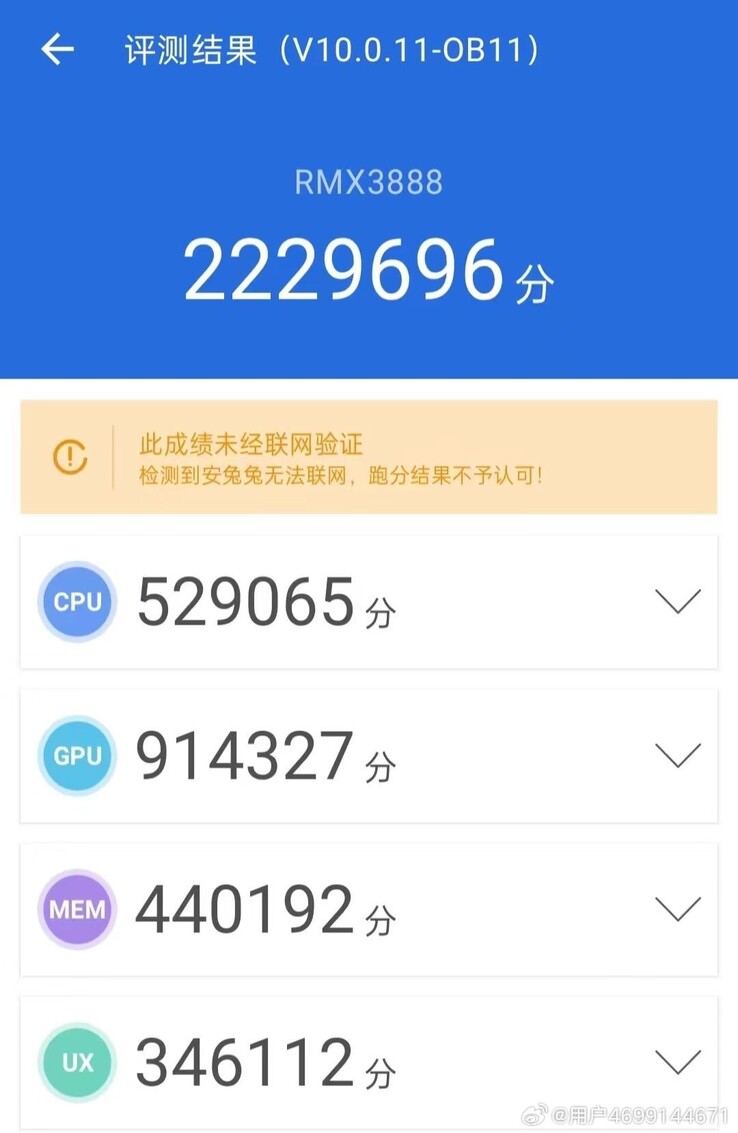 Las supuestas puntuaciones preliminares del GT5 Pro en AnTuTu Benchmarking. (Fuente: Usuario 4699144671 vía Weibo)