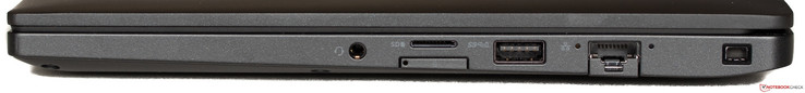 Lado derecho: entrada/salida de audio, bandeja microSD y Micro SIM debajo (desactivada), USB 3.1, Ethernet, ranura para bloqueo de seguridad Noble (forma de cuña)