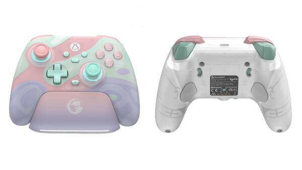 La GameSir T7 Pro Sugar Whirl cuenta con una base de carga y dos botones traseros.