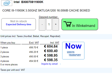 La fuga del precio de venta al público del Intel Core i9-11900K a 2 ordenadores. (Fuente de la imagen: Videocardz)