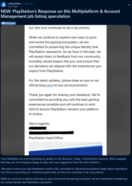 Respuesta de PlayStation a la queja sobre los juegos multiplataforma de PS5 (Fuente de la imagen: captura de pantalla, PlayStation subreddit)