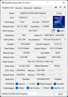 Especificaciones de la GPU-Z (Fuente: ITmedia)