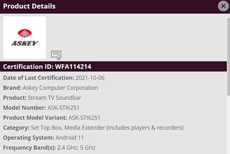 La "Verizon Stream TV Soundbar" aparece en nuevas filtraciones. (Fuente: Wi-Fi Alliance vía Android TV Guide)
